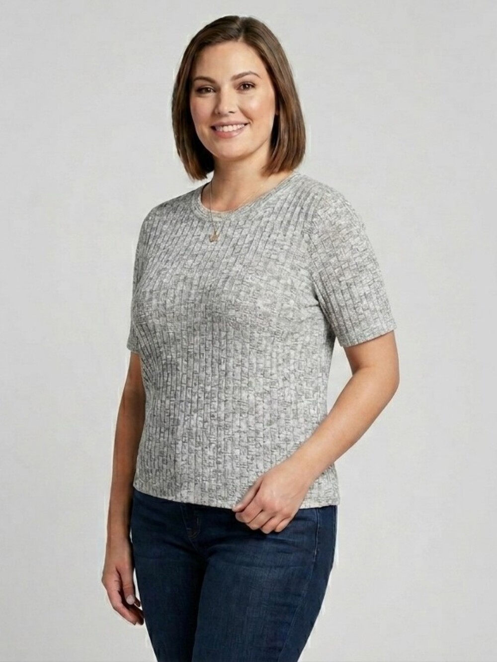 Joie Ribbed Short Sleeve Ribbed Knit Sweater Top Grey White Marl 2X Quiet Luxury
